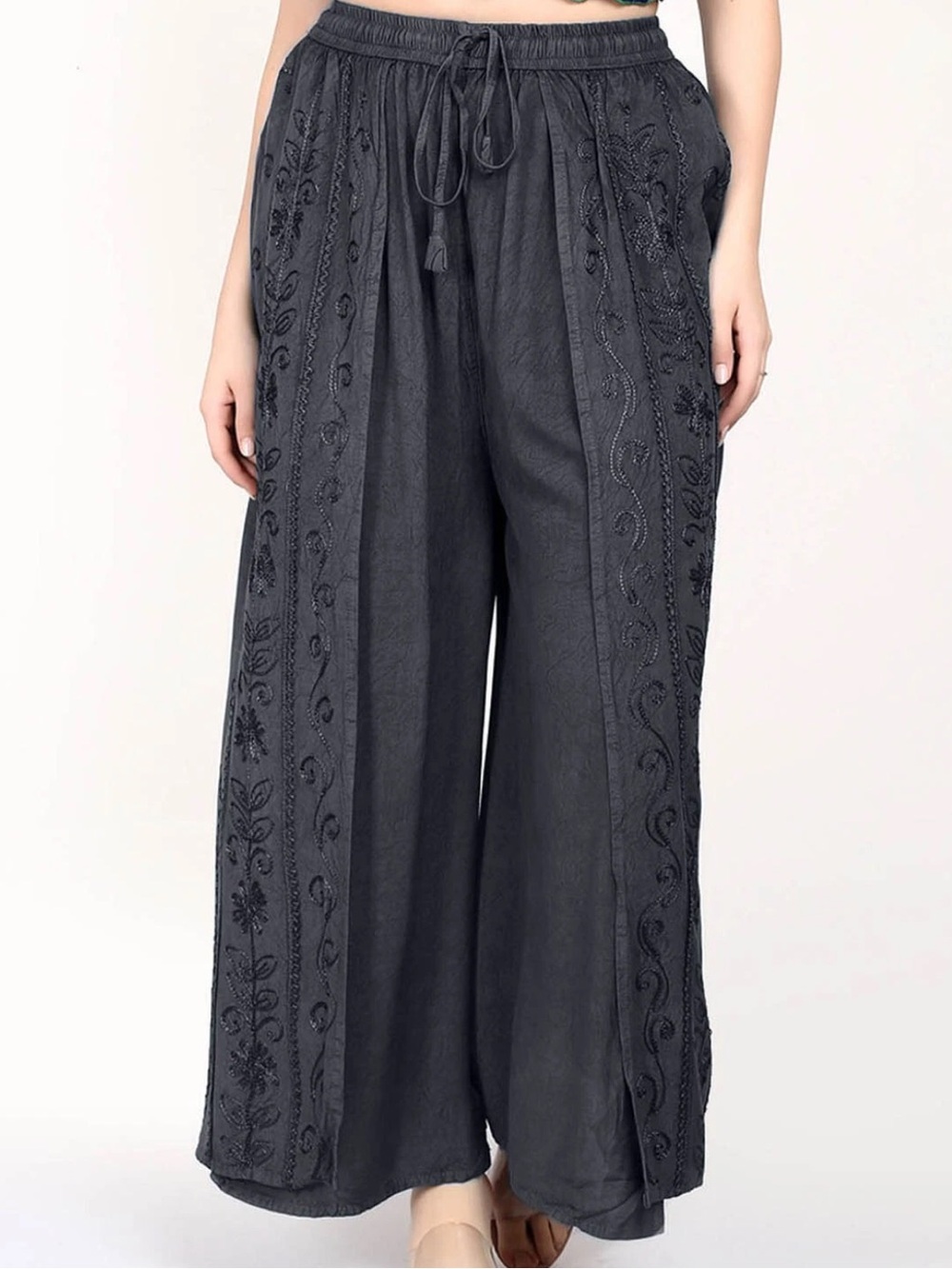 Bohemian Wide-Leg Embroidered Pull-On Pants
